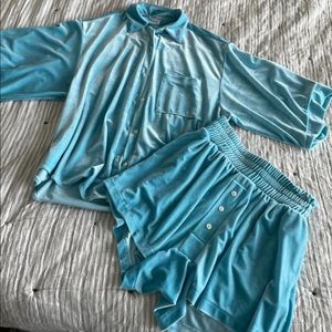 Velour blue matching shorts and button down set by Laina Rauma